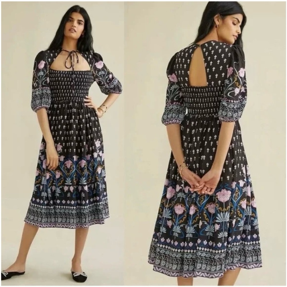 ANTHROPOLOGIE Dasha Smocked Midi Dress Neck Tie Size XL